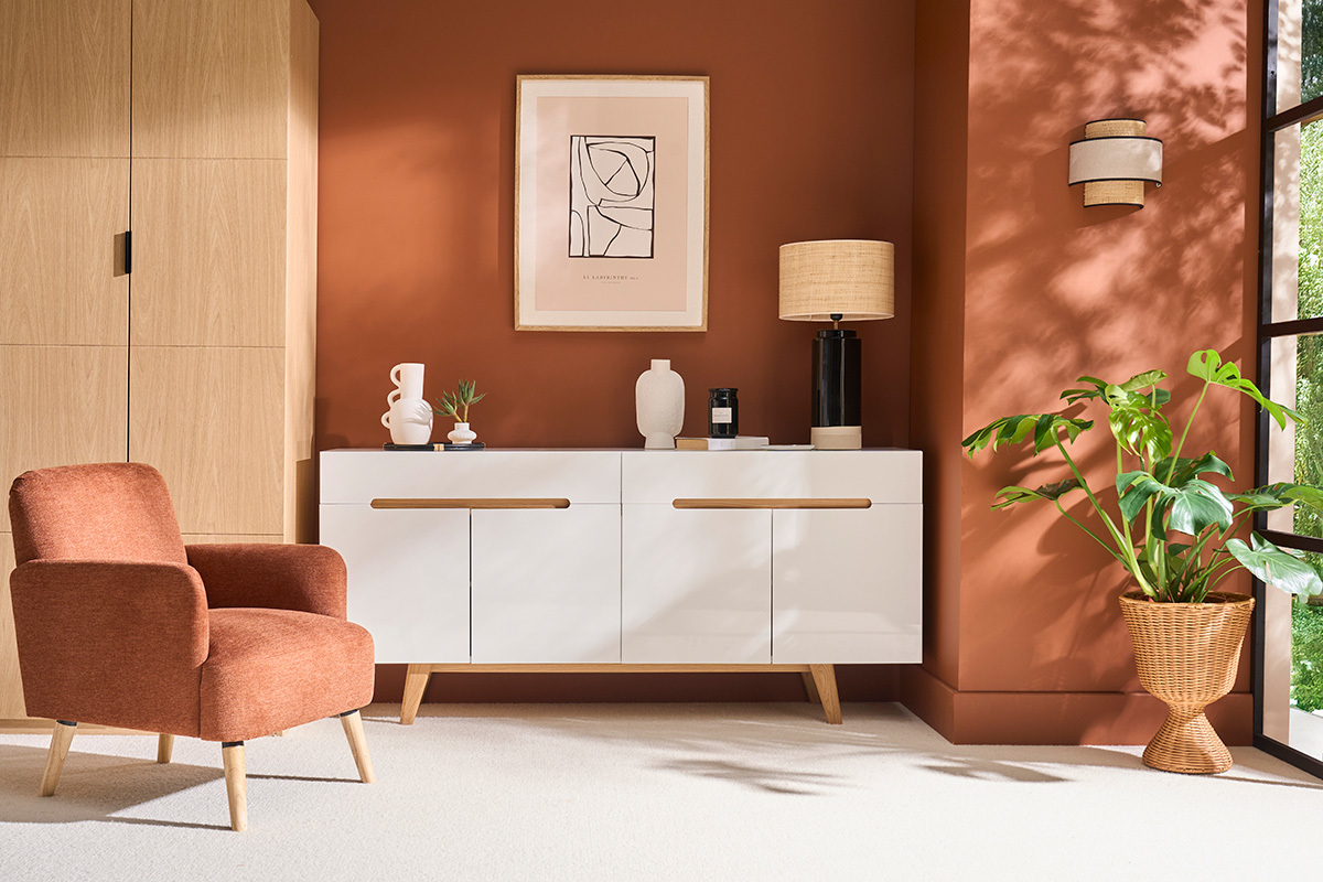 Sideboard Skandinavienstil Wei glnzend und Esche 180 cm MELKA
