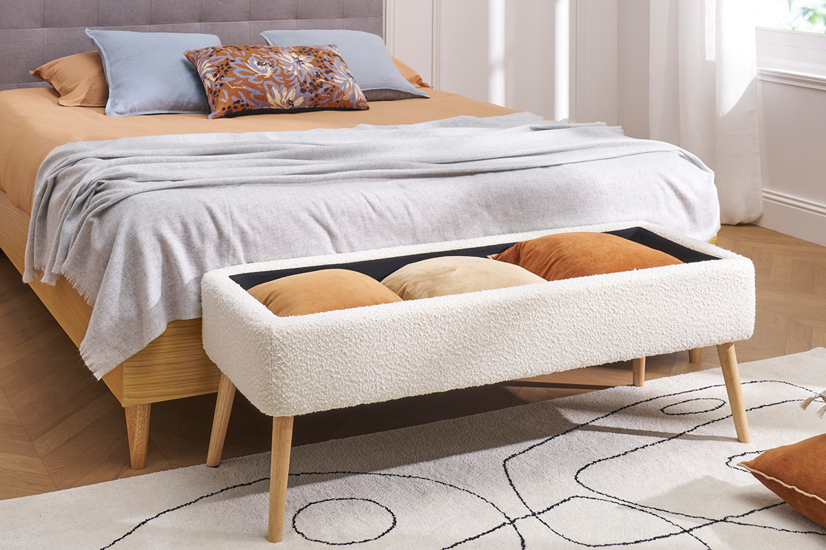 Sitzbank mit Stauraum aus gewebtem samtartigem Effektstoff in Terrakotta und hellem massivem Holz L120 cm LARS