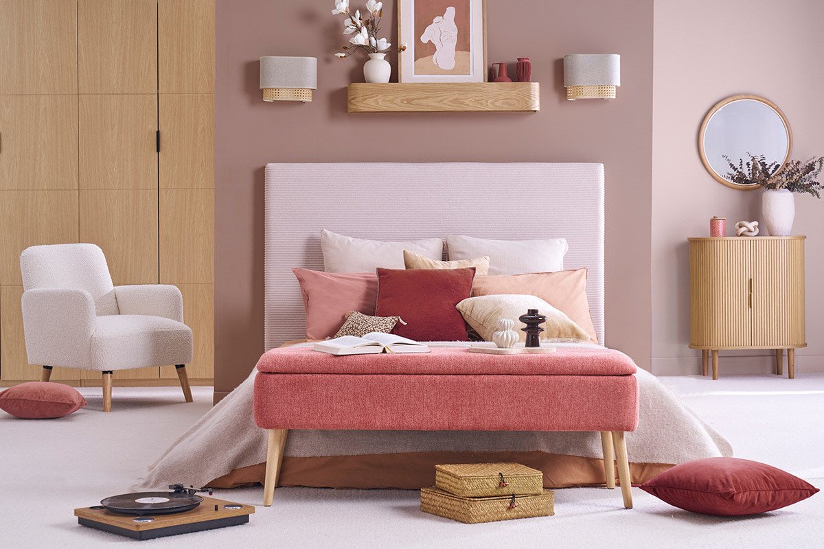 Sitzbank mit Stauraum aus gewebtem samtartigem Effektstoff in Terrakotta und hellem massivem Holz L120 cm LARS