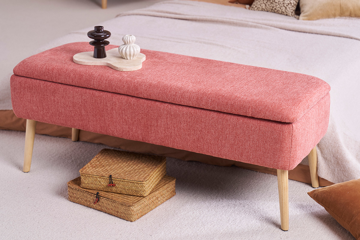 Sitzbank mit Stauraum aus gewebtem samtartigem Effektstoff in Terrakotta und hellem massivem Holz L120 cm LARS