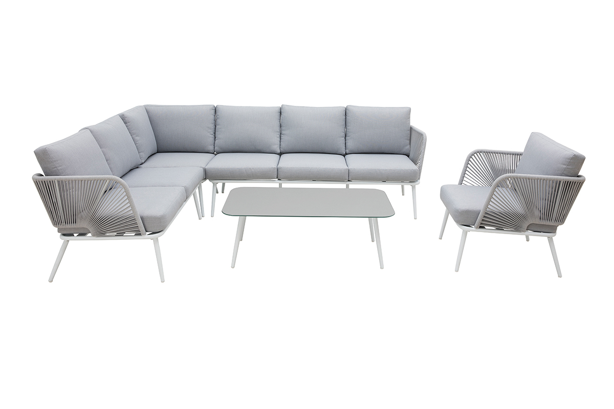 Sitzgarnitur HALONG aus wei�em Aluminium und Schnurstickerei und hellgrauem Stoff