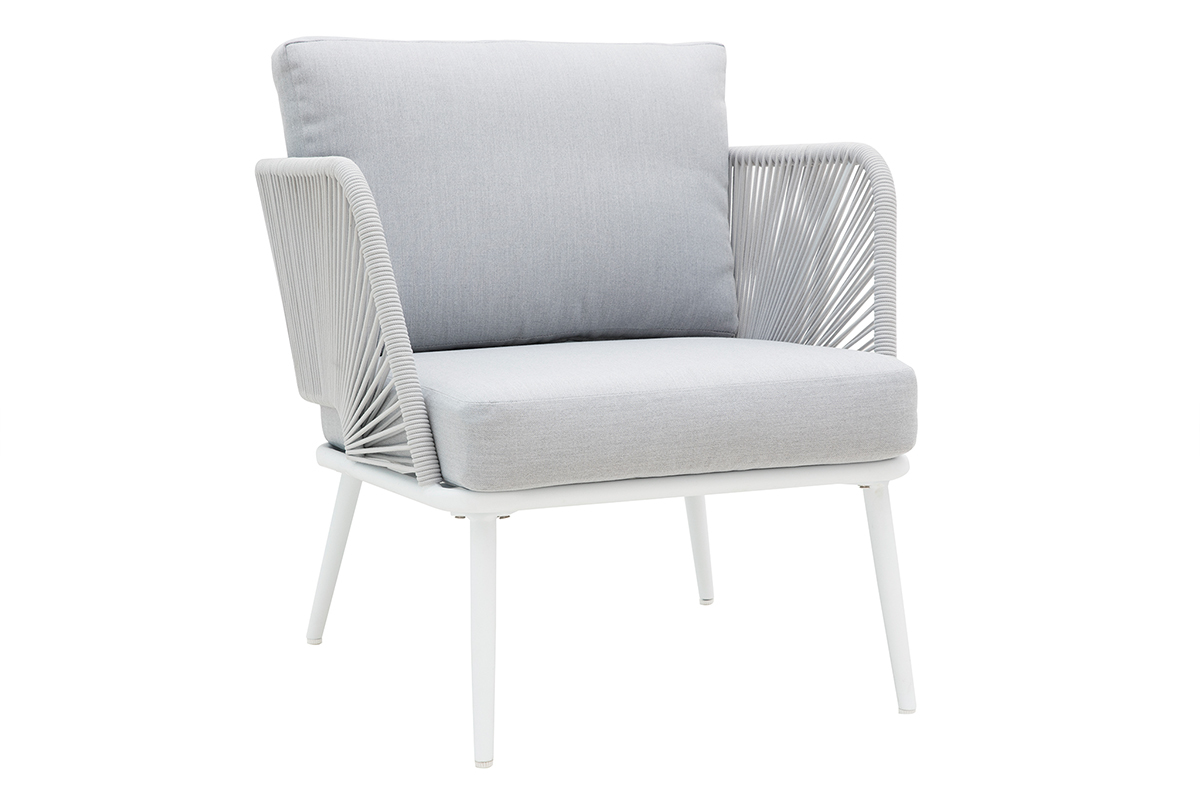 Sitzgarnitur HALONG aus wei�em Aluminium und Schnurstickerei und hellgrauem Stoff