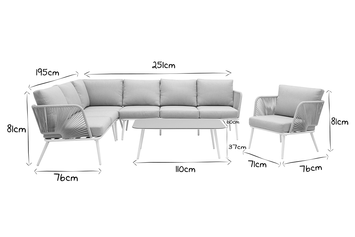 Sitzgarnitur HALONG aus wei�em Aluminium und Schnurstickerei und hellgrauem Stoff