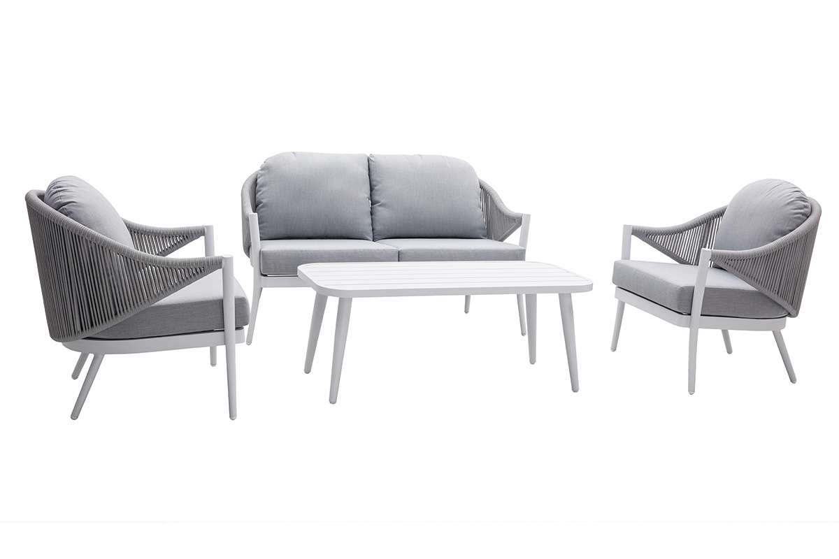 Sitzgarnitur LIMA aus wei�em Aluminium und Schnurstickerei und hellgrauem Stoff