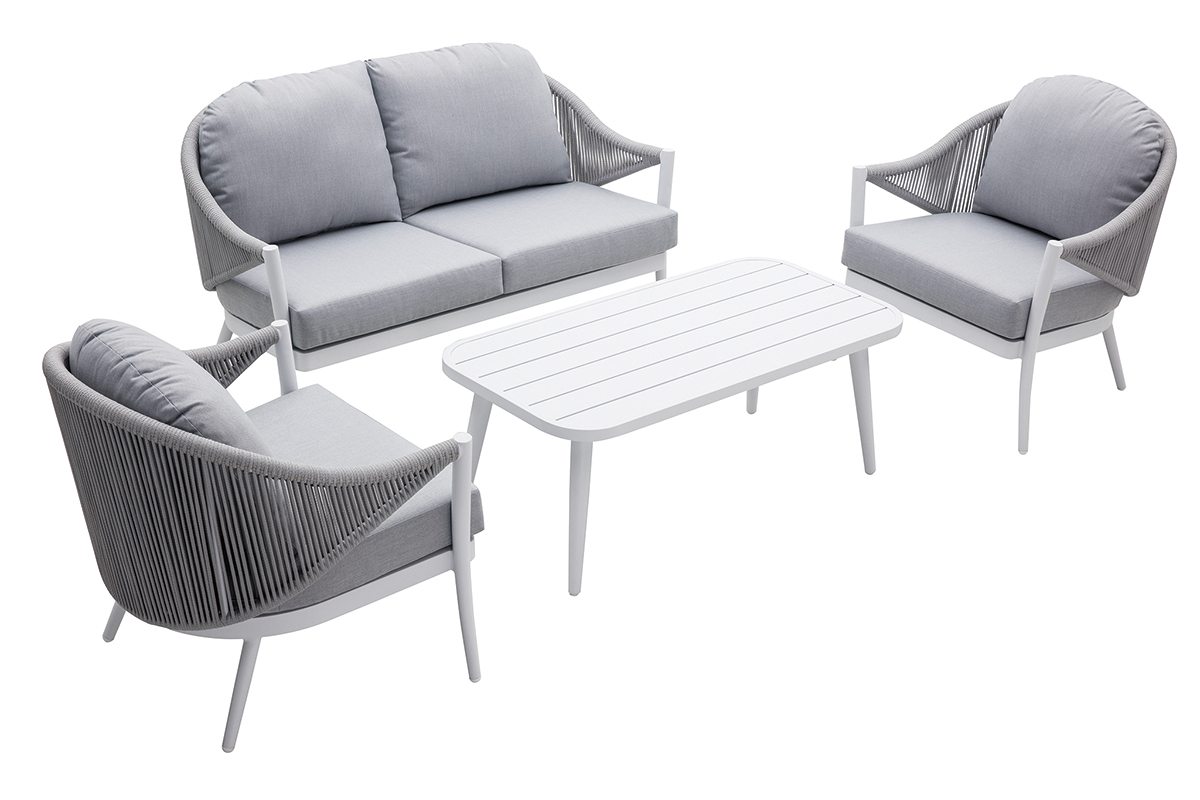 Sitzgarnitur LIMA aus wei�em Aluminium und Schnurstickerei und hellgrauem Stoff