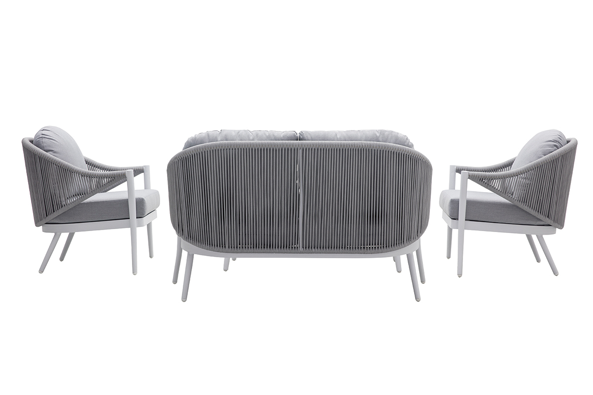 Sitzgarnitur LIMA aus wei�em Aluminium und Schnurstickerei und hellgrauem Stoff