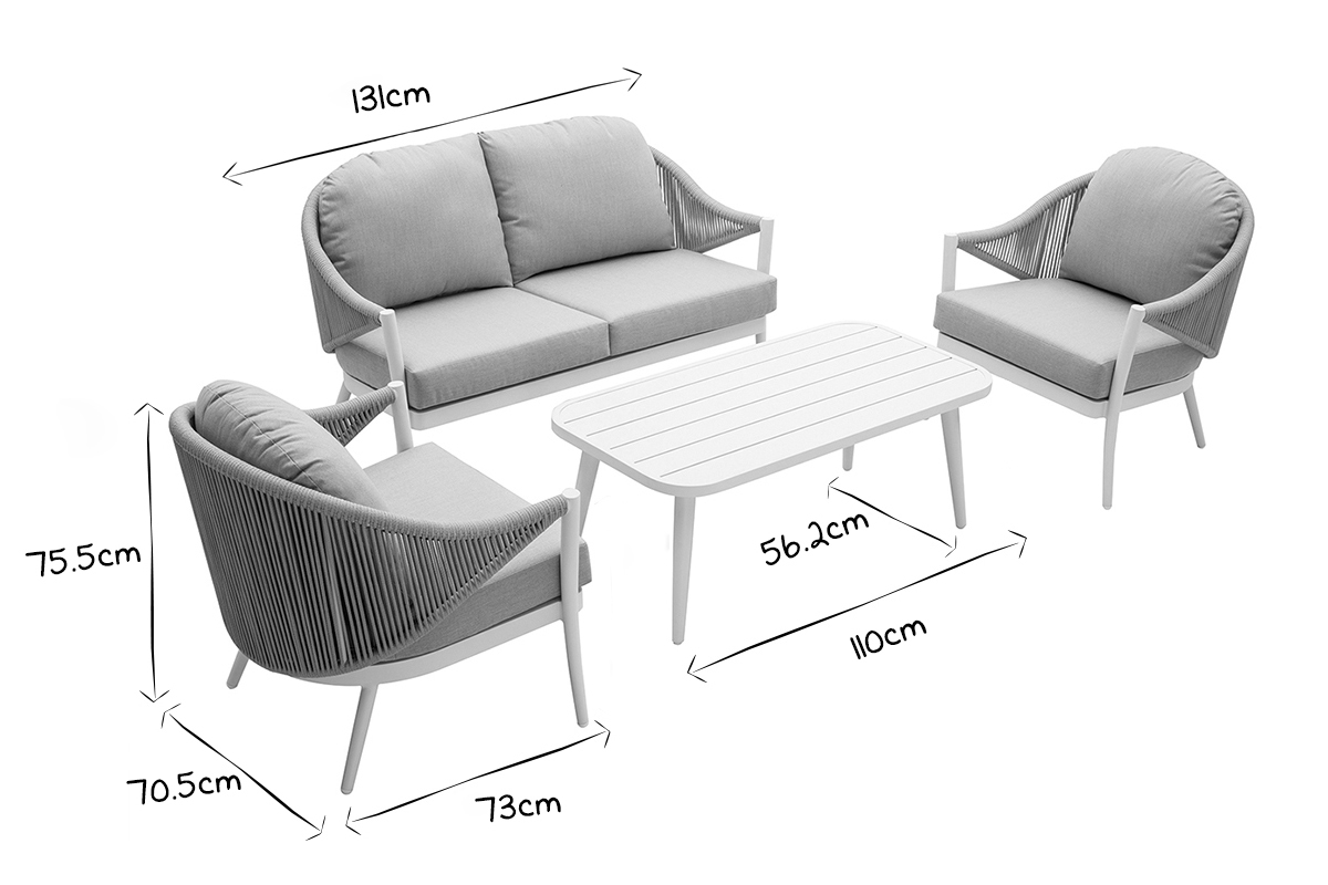 Sitzgarnitur LIMA aus wei�em Aluminium und Schnurstickerei und hellgrauem Stoff