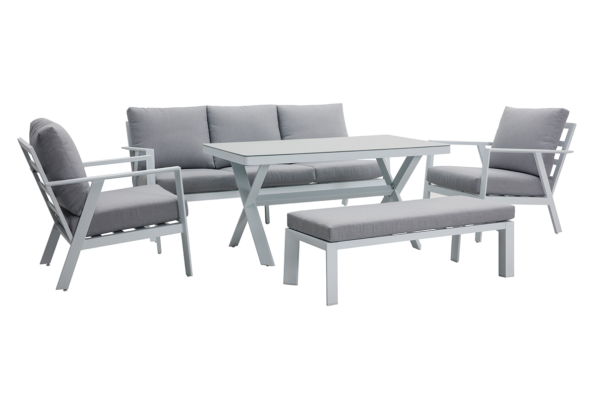 Sitzgarnitur mit 7 Pl�tzen mit Esstisch aus Aluminium und grauem Stoff CALYPSO