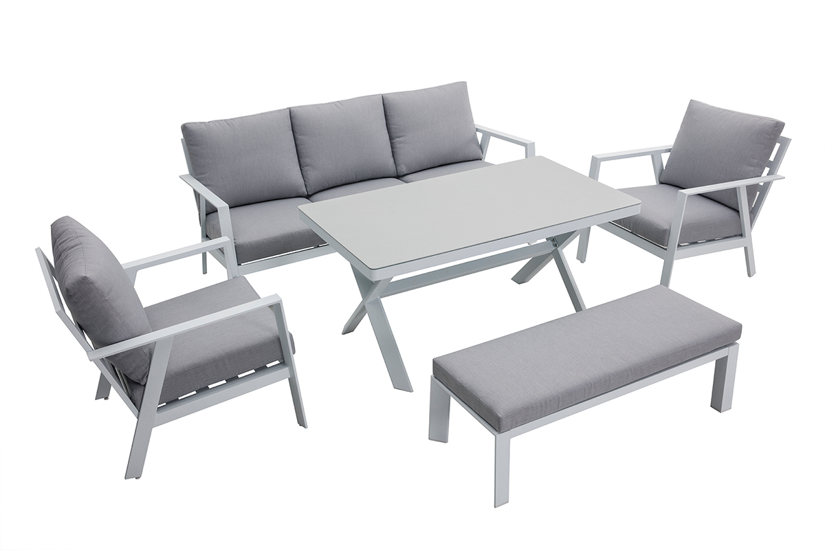 Sitzgarnitur mit 7 Pl�tzen mit Esstisch aus Aluminium und grauem Stoff CALYPSO