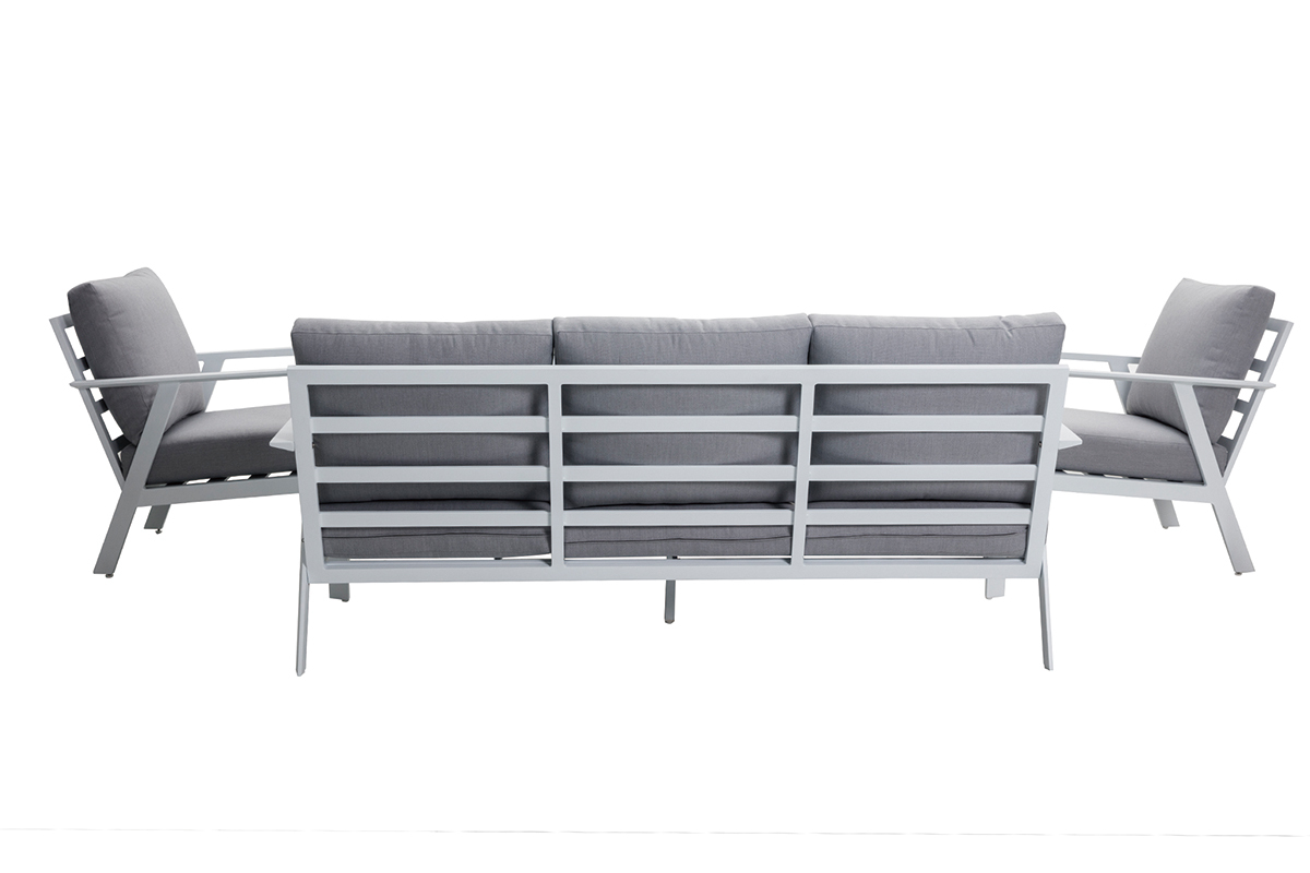 Sitzgarnitur mit 7 Pl�tzen mit Esstisch aus Aluminium und grauem Stoff CALYPSO