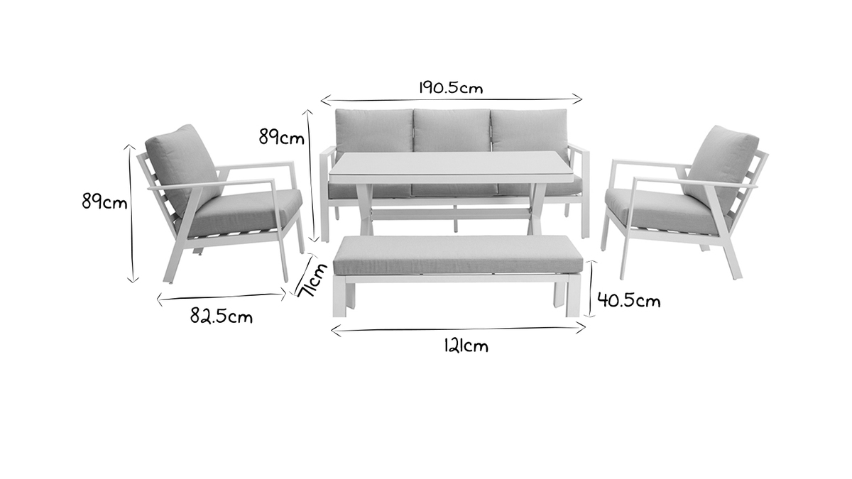 Sitzgarnitur mit 7 Pltzen mit Esstisch aus Aluminium und grauem Stoff CALYPSO