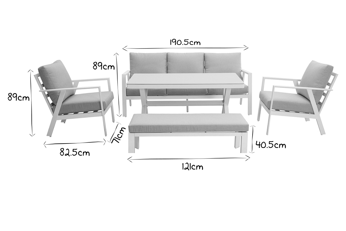 Sitzgarnitur mit 7 Pl�tzen mit Esstisch aus Aluminium und grauem Stoff CALYPSO
