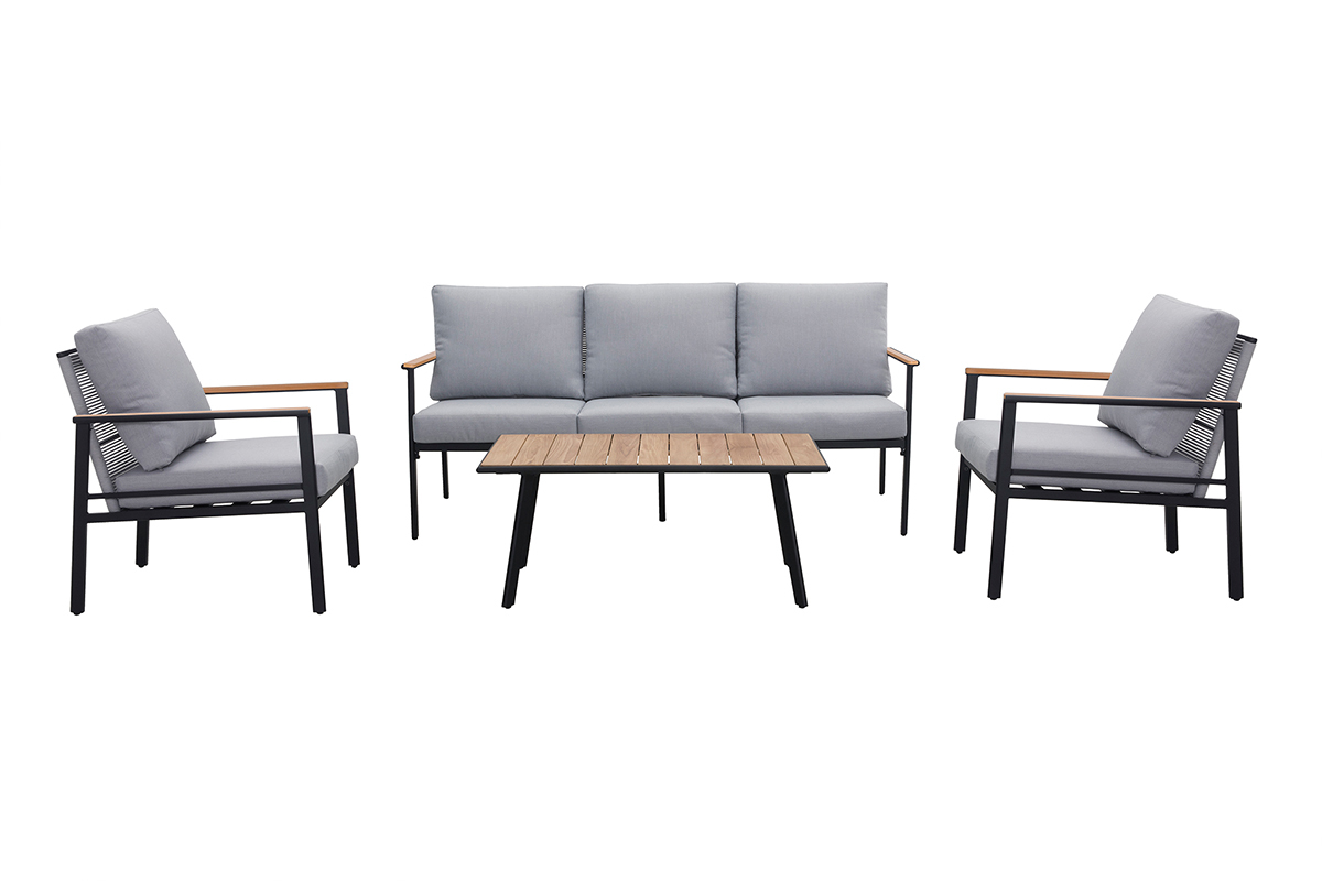 Sitzgarnitur USHUAIA aus schwarzem Aluminium, Schnurstickerei und hellgrauer Stoff