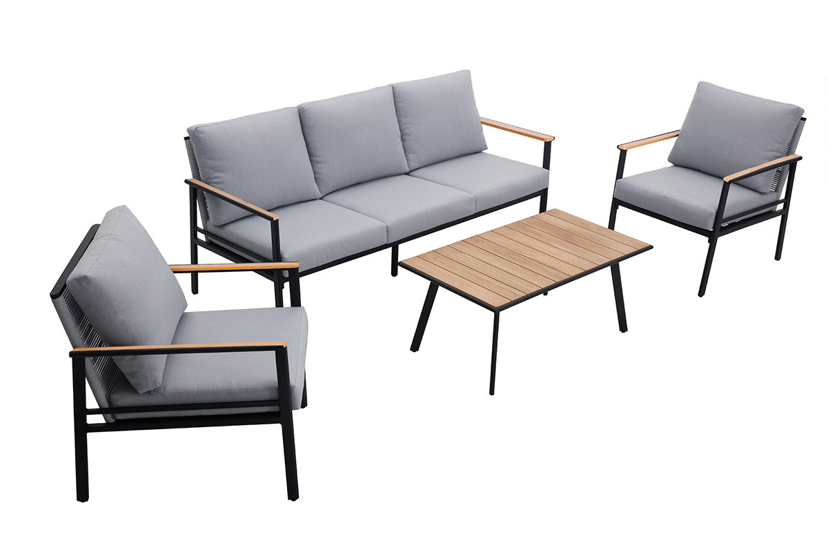 Sitzgarnitur USHUAIA aus schwarzem Aluminium, Schnurstickerei und hellgrauer Stoff