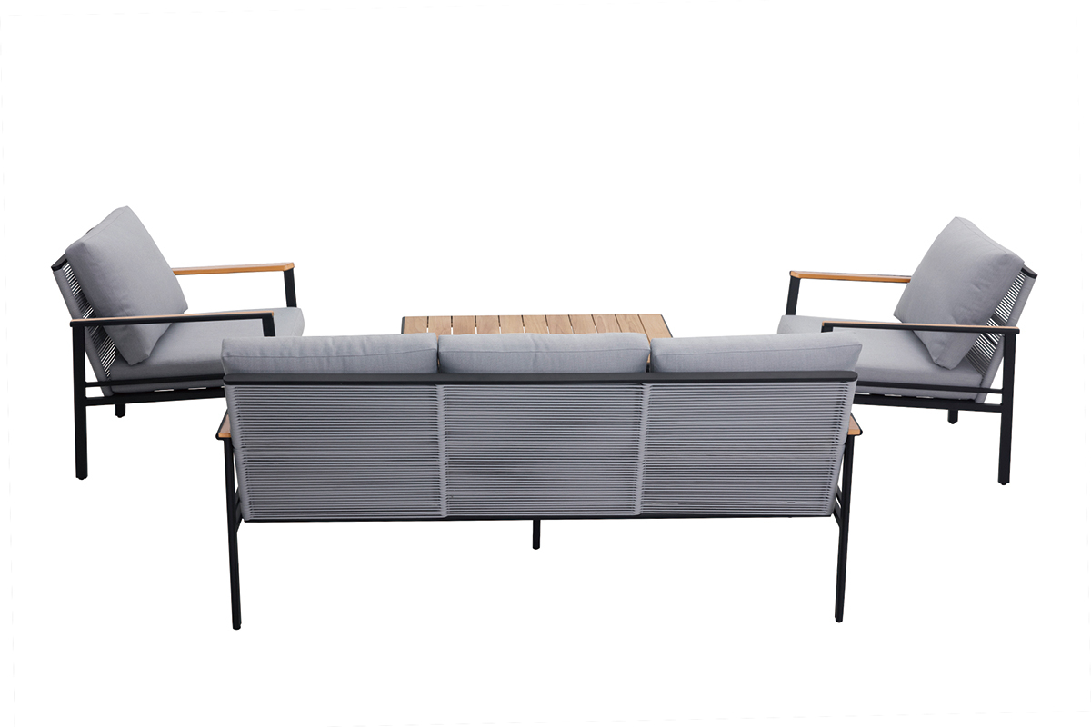 Sitzgarnitur USHUAIA aus schwarzem Aluminium, Schnurstickerei und hellgrauer Stoff