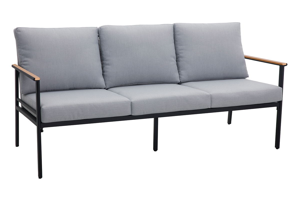 Sitzgarnitur USHUAIA aus schwarzem Aluminium, Schnurstickerei und hellgrauer Stoff