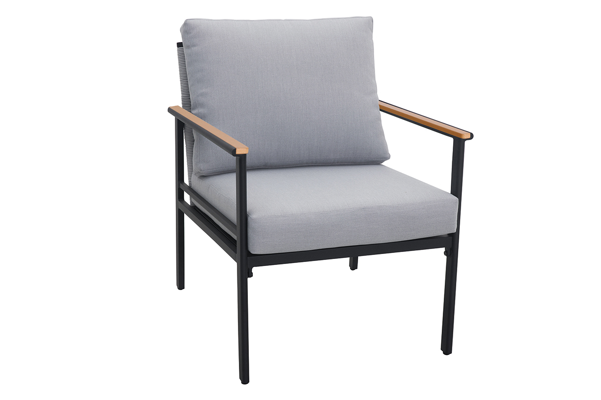 Sitzgarnitur USHUAIA aus schwarzem Aluminium, Schnurstickerei und hellgrauer Stoff