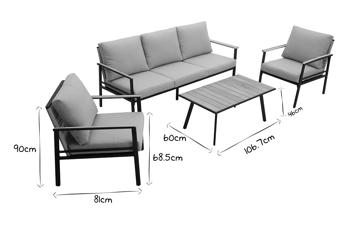 Sitzgarnitur USHUAIA aus schwarzem Aluminium, Schnurstickerei und hellgrauer Stoff
