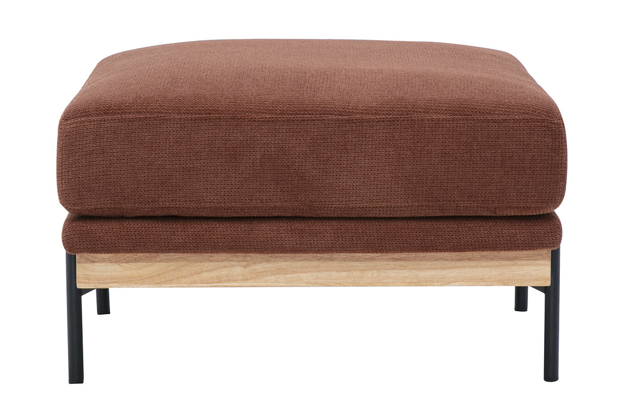 TODD Fu�hocker aus Chenille-Stoff in verbrannter Erde mit schwarzen Metallf��en, Seitenansicht.