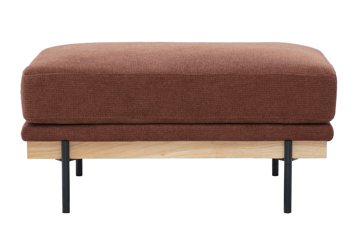 Hocker als Fu�st�tze aus Chenille-Stoff in gebrannter Erde mit schwarzen Metallbeinen, Vorderansicht.