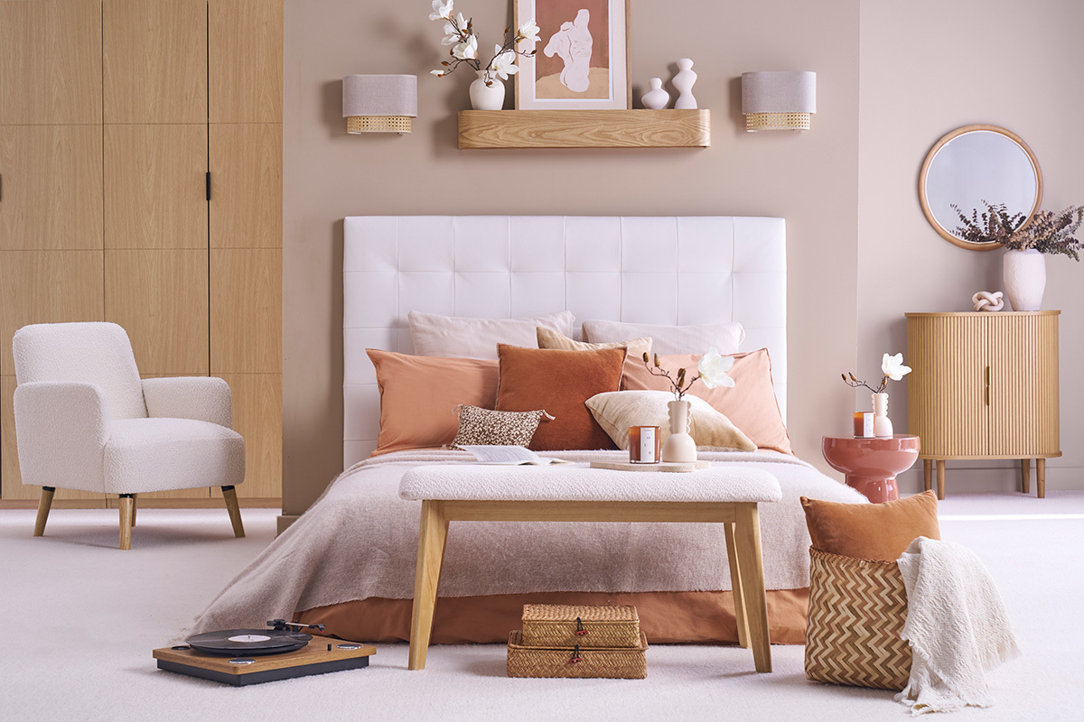 Skandinavische Bank in beige Samt-Textur-Stoff und hellem Holz L92 cm ELION