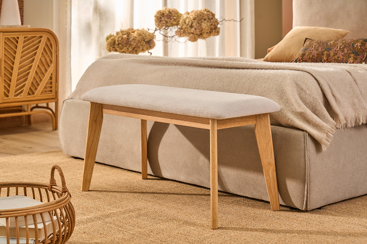Skandinavische Bank in beige Samt-Textur-Stoff und hellem Holz L92 cm ELION