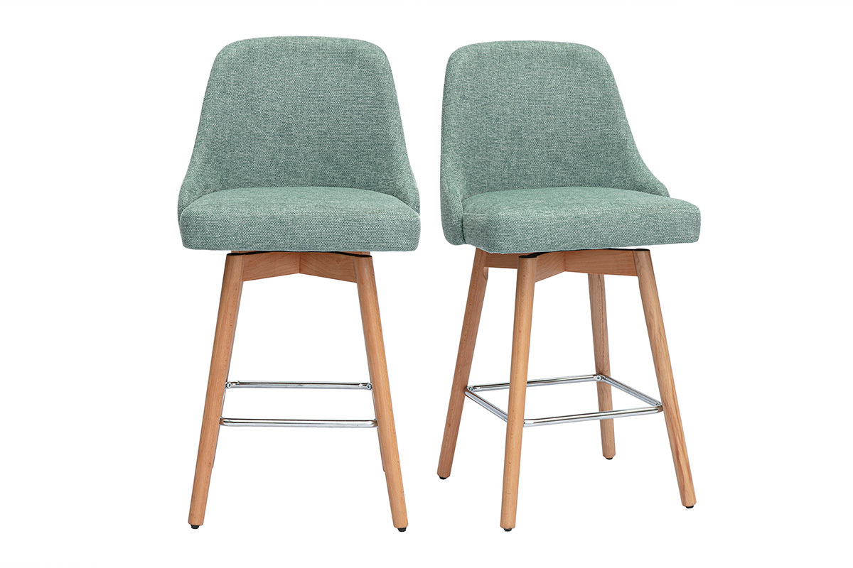 Skandinavische Barhocker 360 drehbar aus Samt-Effekt texturiertem grnem Celadon-Stoff und massivem Buchenholz H65 cm (2er-Set) HASTA