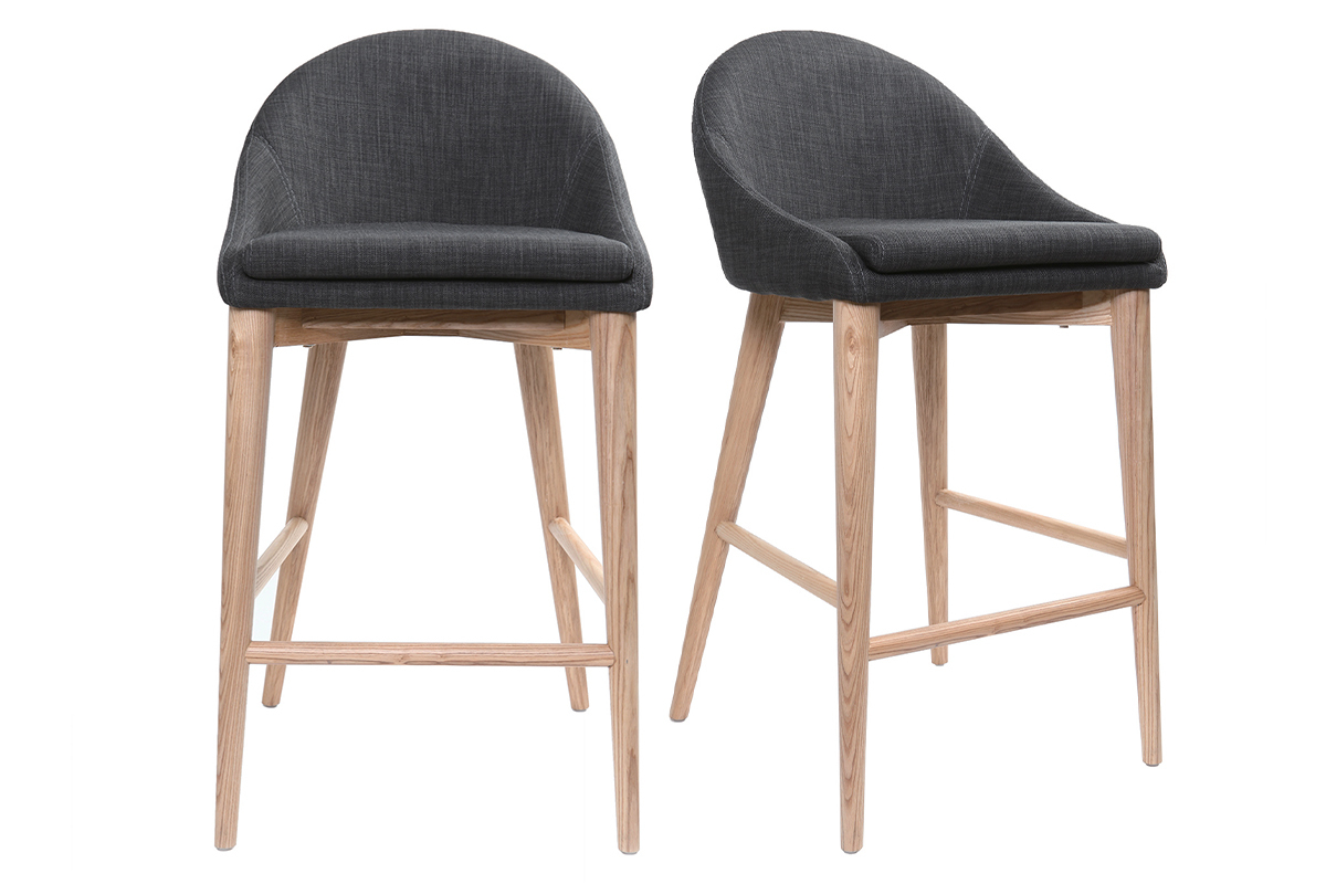 Skandinavische Barhocker aus grauem Stoff und massiver Esche H66 cm (2er-Pack) DALIA