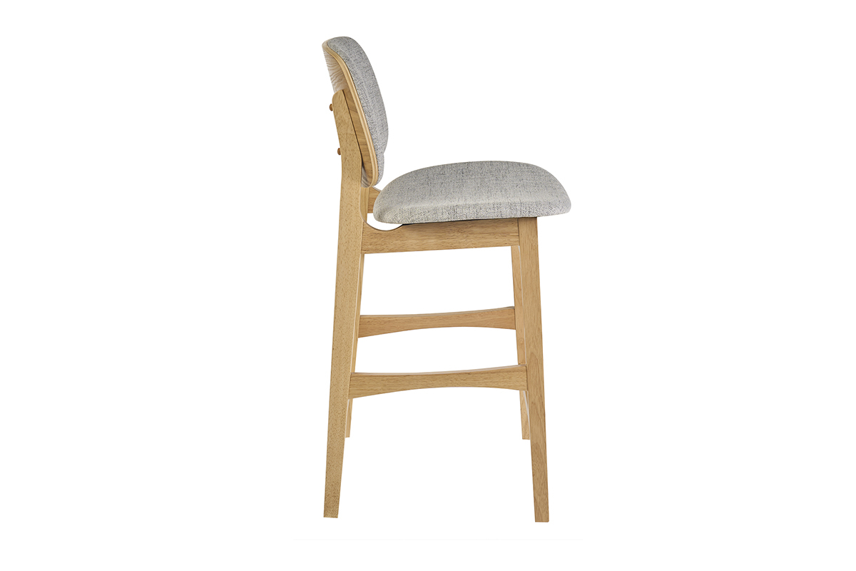 Skandinavischer Hocker aus hellem Holz und grauem Stoff, Seitenansicht, H�he 66 cm.