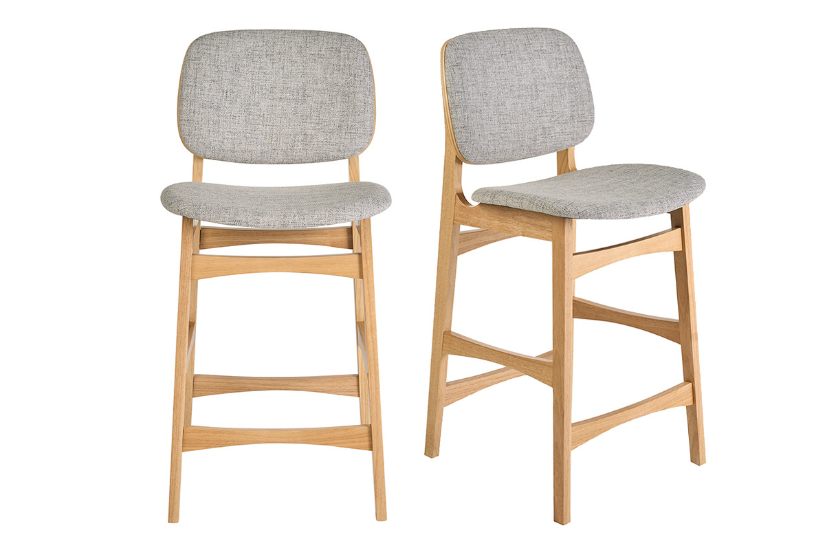2er-Set skandinavischer Hocker aus hellem Holz, Esche und hellgrauem Stoff, Vorderansicht