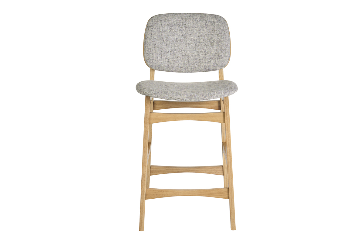 Skandinavischer Hocker aus hellem Eschenholz und hellgrauem Stoff, Vorderansicht, H�he 66 cm.