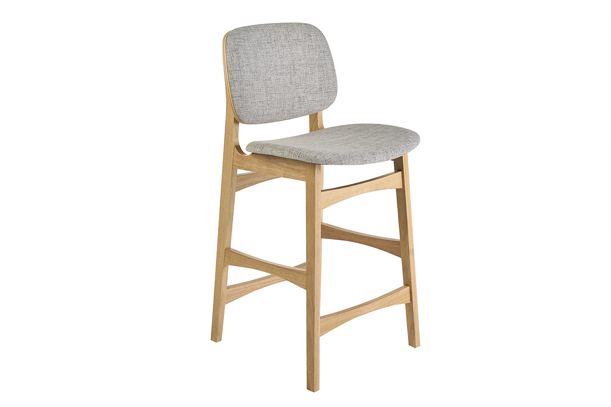 Skandinavischer Hocker aus hellem Eschenholz und hellgrauem Stoff, 3/4-Ansicht, H�he 66 cm.