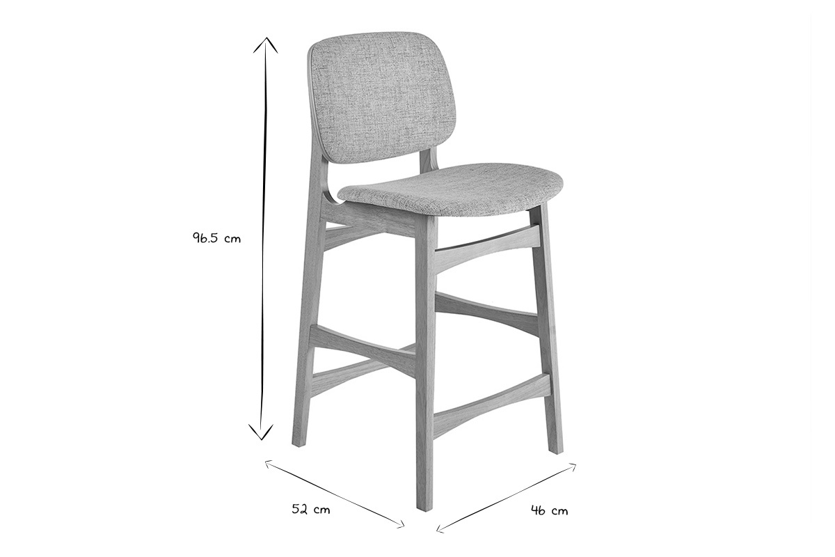 Abmessungen der skandinavischen Hocker aus hellem Holz und grauem Stoff, H96,5 cm, B52 cm, T46 cm