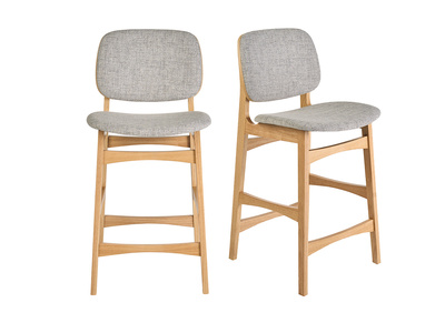 Skandinavische Barhocker aus hellem Holz, Esche und hellgrauem Stoff H66 cm (2er-Set) SOQUETTE