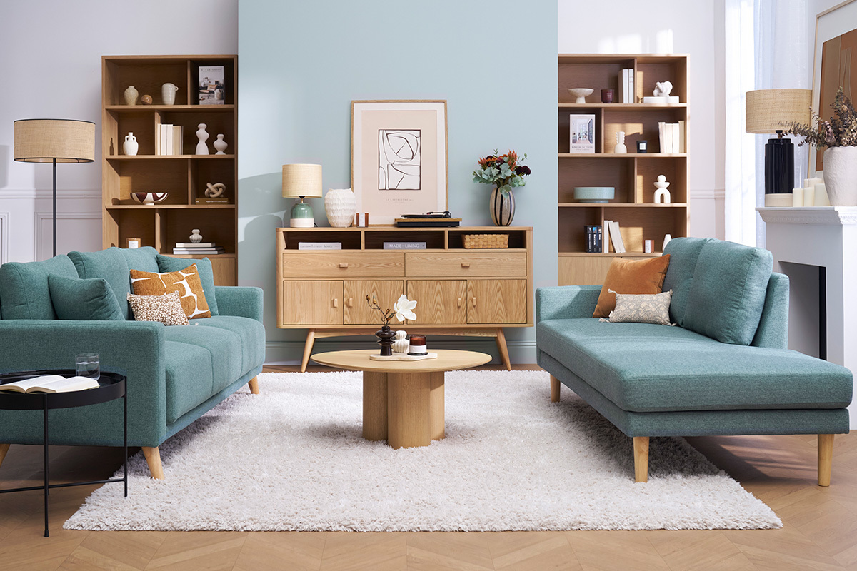 Skandinavische Chaiselongue aus graugrnem Stoff und hellem Massivholz B190 cm BERTILLE