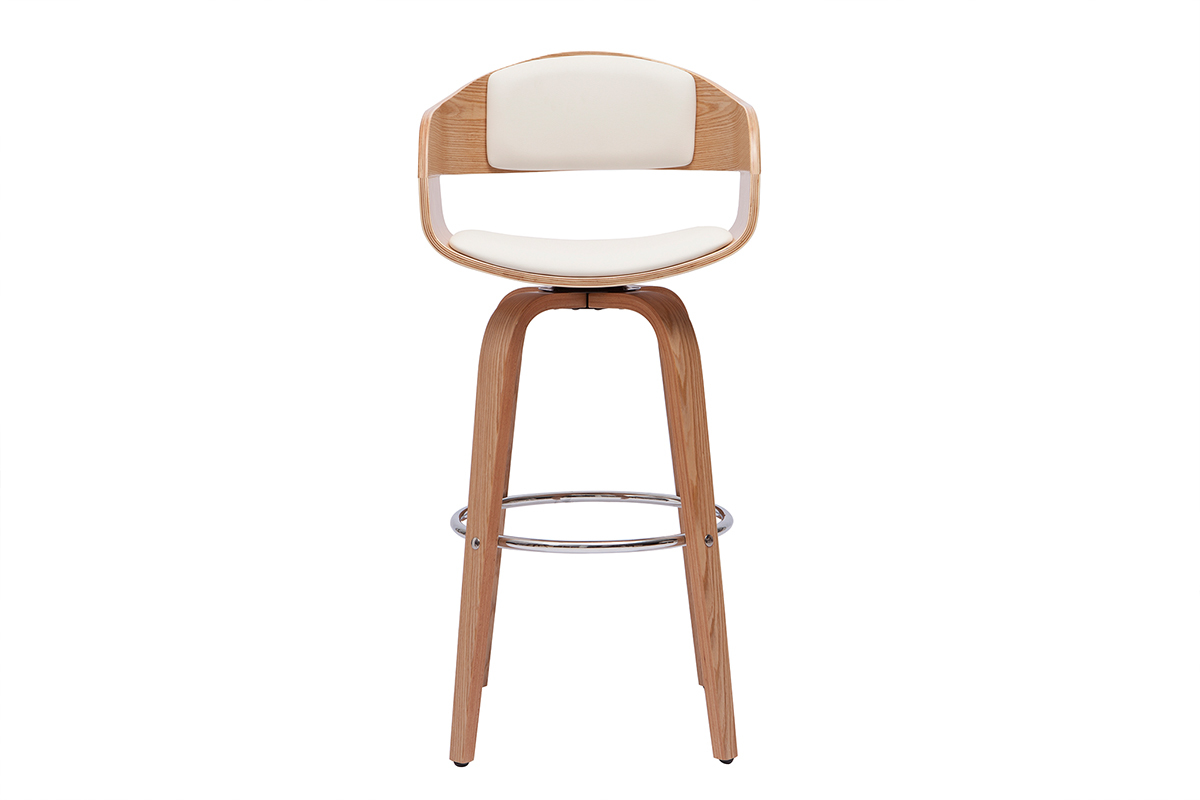 Skandinavischer Barhocker aus hellem Holz mit wei�er Sitzfl�che, Frontansicht.