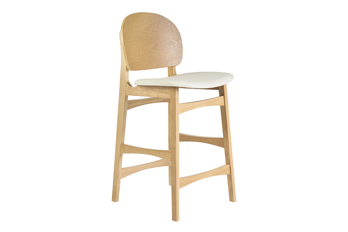 Skandinavischer Hocker aus hellem Eschenholz mit wei�er Sitzfl�che, 3/4-Ansicht