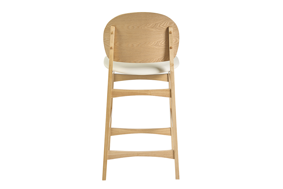 Skandinavischer Hocker aus hellem Eschenholz mit wei�er Sitzfl�che, R�ckansicht.