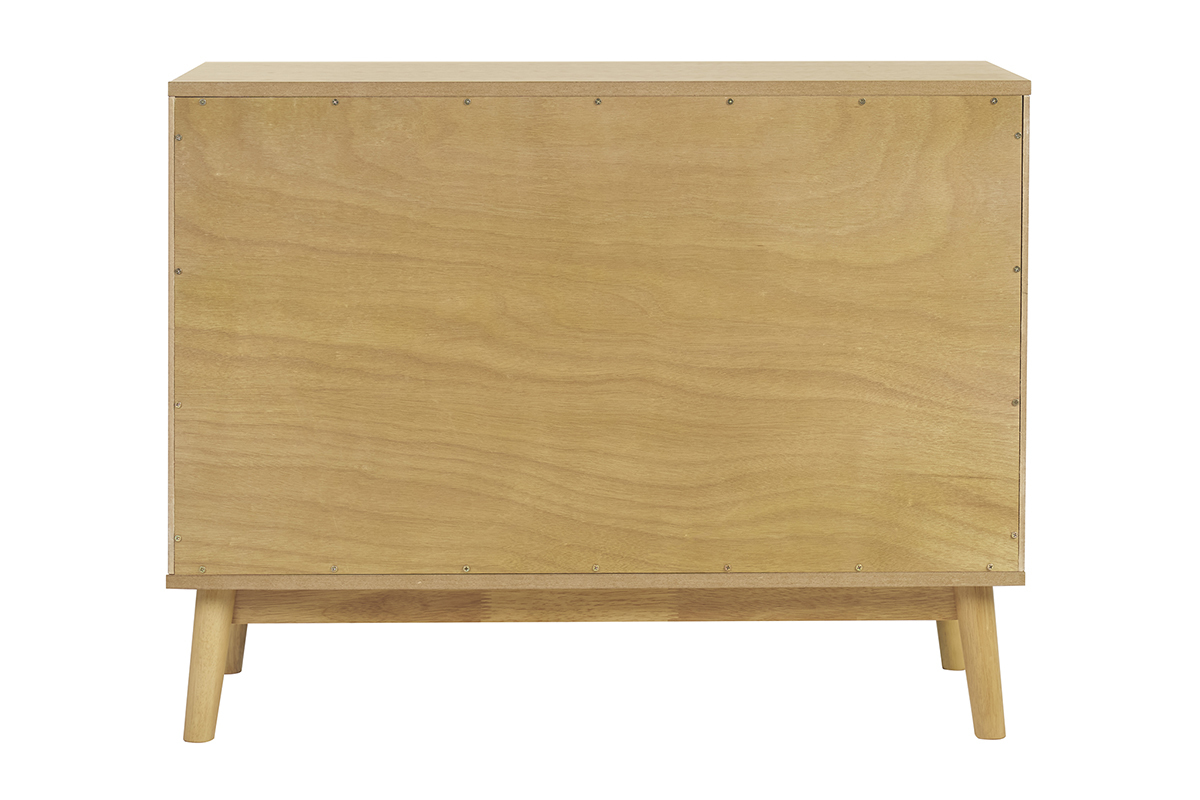 Rckansicht der skandinavischen Kommode aus hellem Eichenholz mit Kompassbeinen aus Kautschukholz.