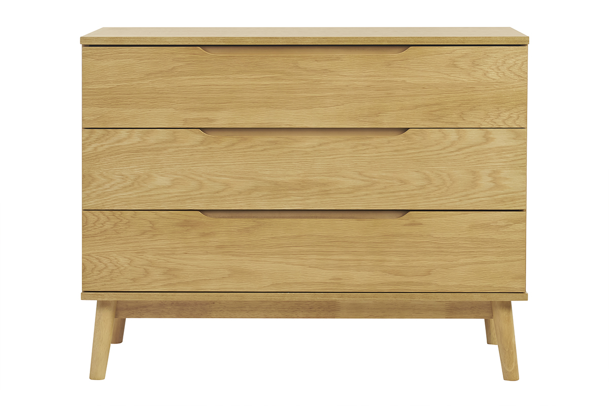 Skandinavisches Sideboard aus hellem Eichenholz mit 3 Schubladen FELIX, Frontansicht mit eingelassenen Griffen.