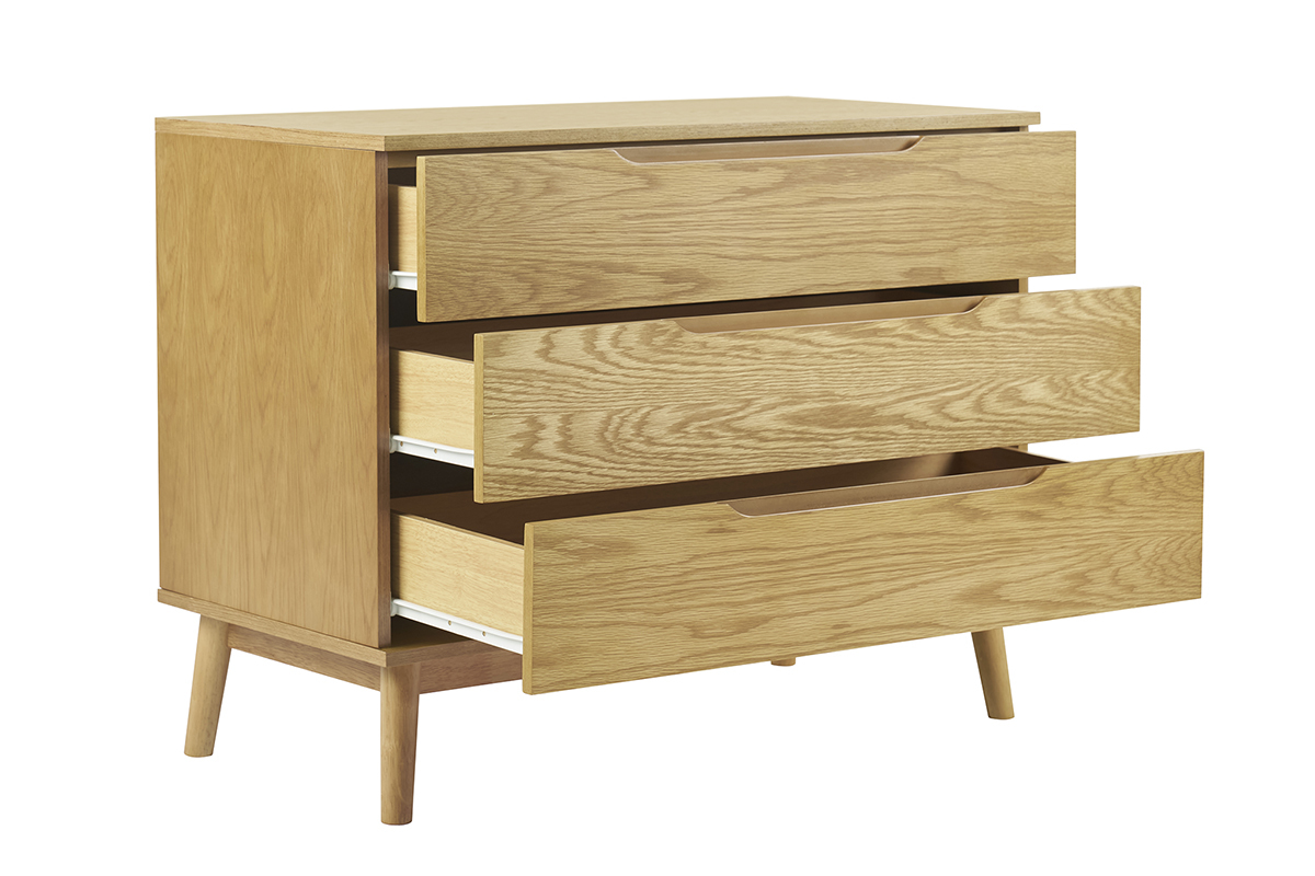 Skandinavische Kommode aus hellem Holz, 3 offene Schubladen, Seitenansicht.