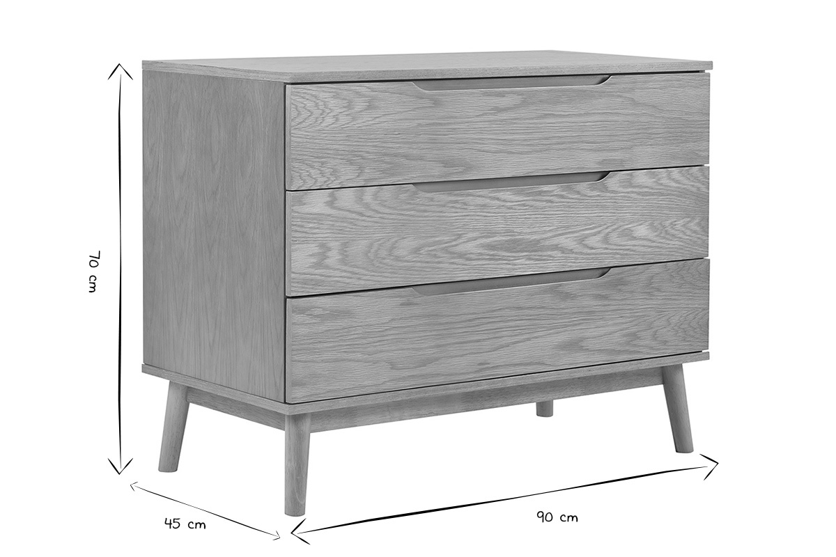 Skandinavisches Sideboard aus hellem Holz, 3 Schubladen, Seitenansicht, Mae 90x45x70 cm in Schwarz-Wei.