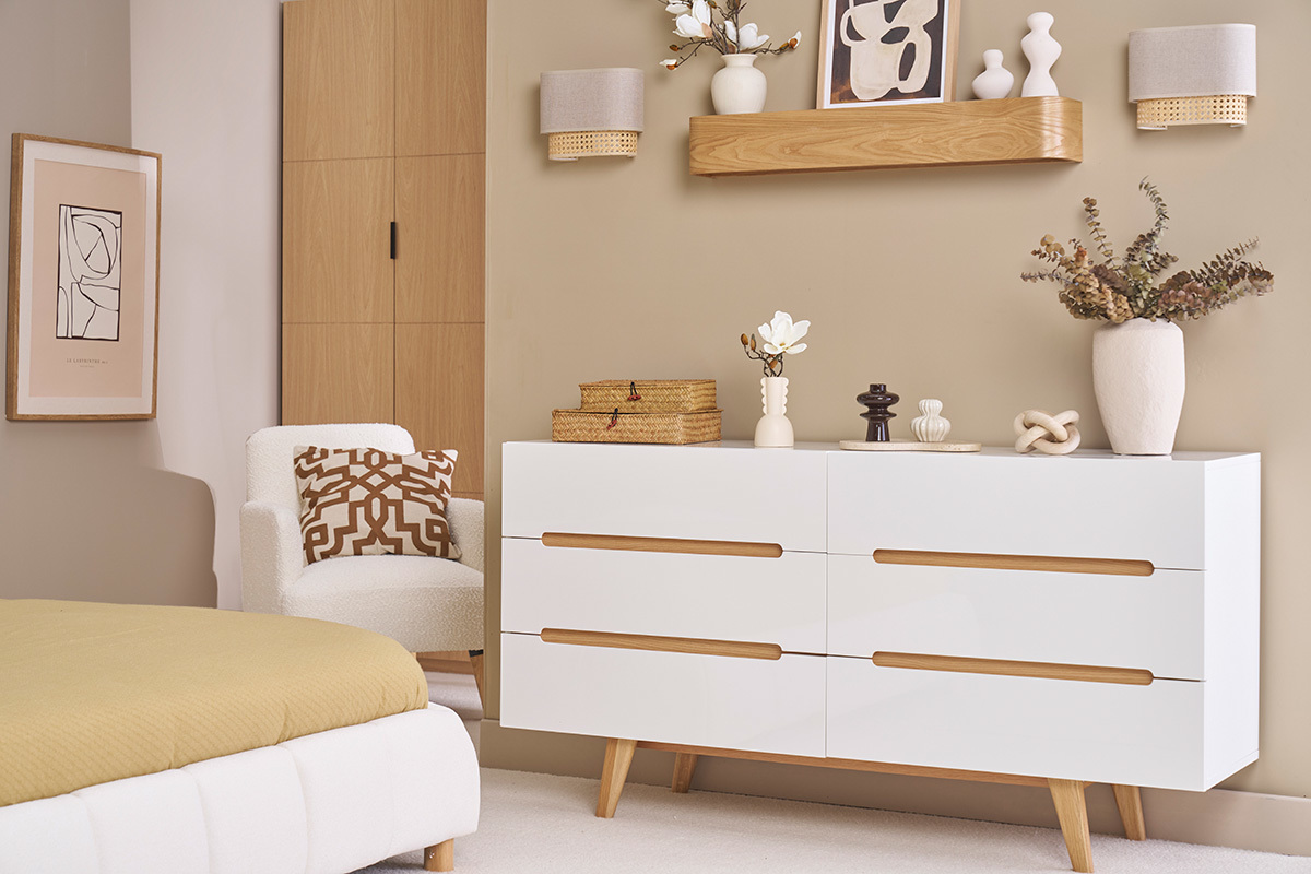Skandinavische Kommode Wei glnzend und Esche 6 Schubladen MELKA