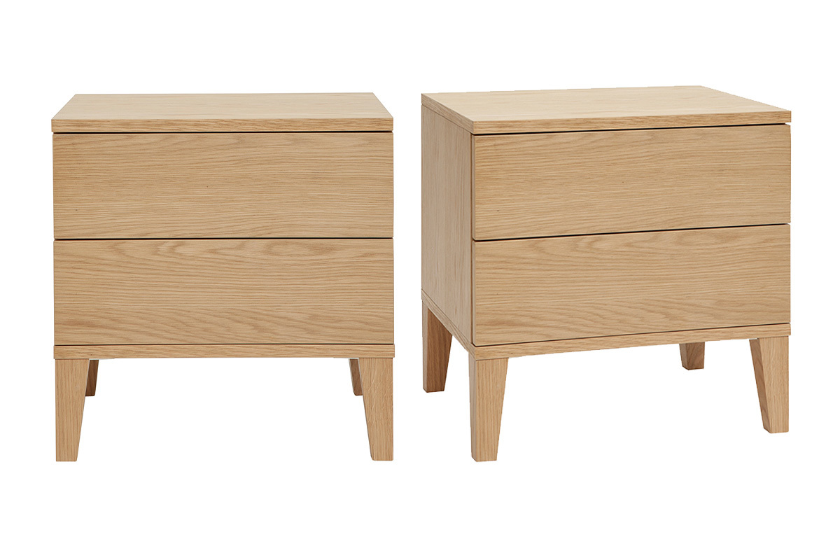 Skandinavische Nachttische mit 2 Schubladen aus hellem Holz Eiche (2er-Set) FREDDY