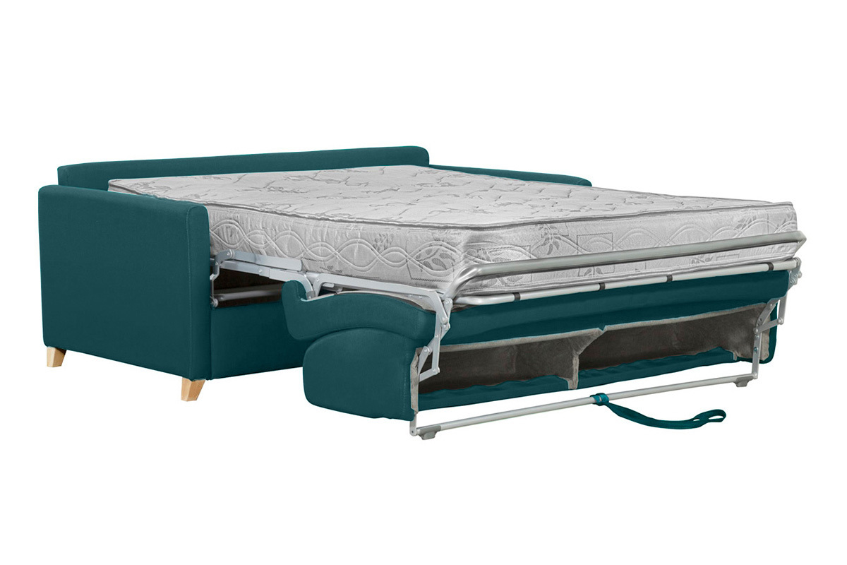 Skandinavische Schlafcouch entenblau aus hellem Holz mit Matratze 18 cm 3-Sitzer SKANDY