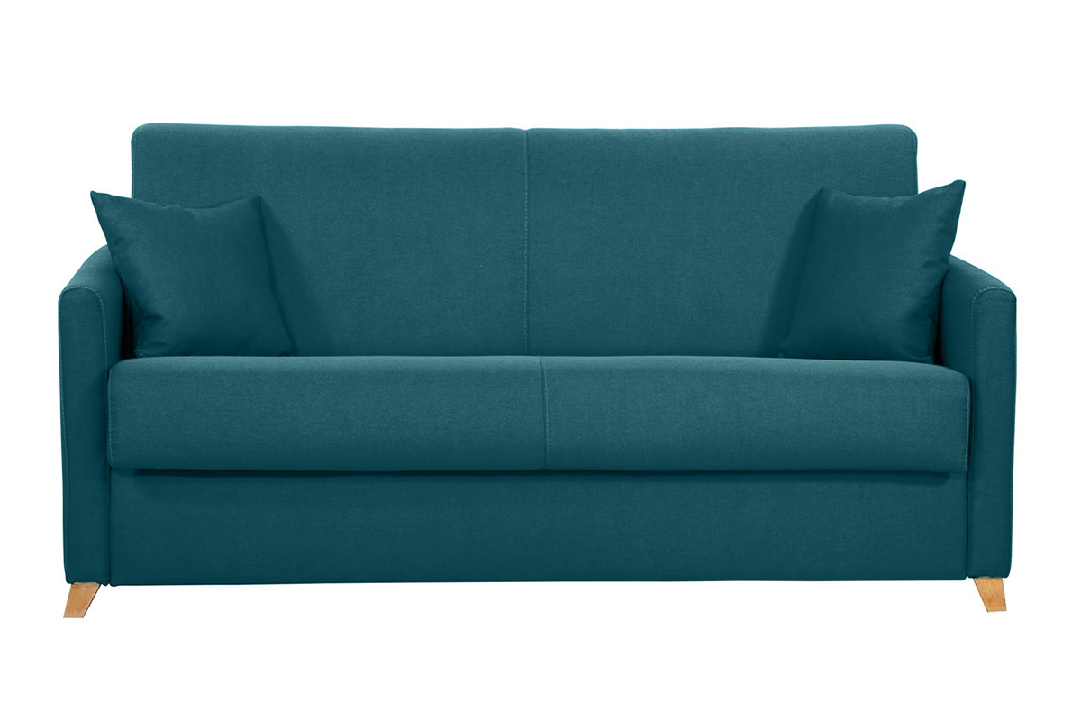 Skandinavische Schlafcouch entenblau aus hellem Holz mit Matratze 18 cm 3-Sitzer SKANDY