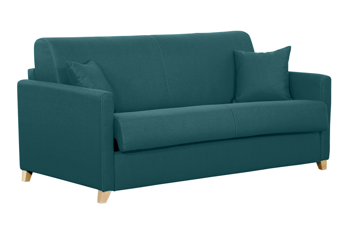 Skandinavische Schlafcouch entenblau aus hellem Holz mit Matratze 18 cm 3-Sitzer SKANDY