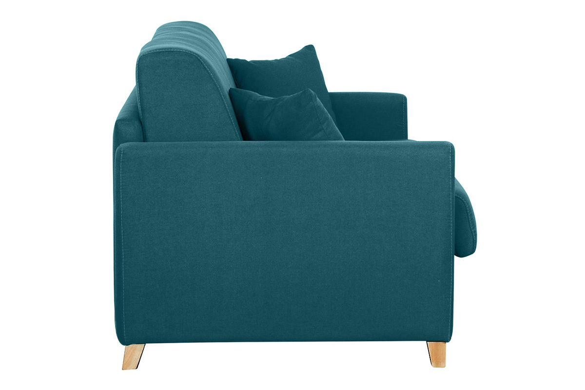 Skandinavische Schlafcouch entenblau aus hellem Holz mit Matratze 18 cm 3-Sitzer SKANDY