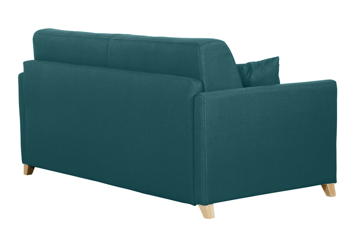 Skandinavische Schlafcouch entenblau aus hellem Holz mit Matratze 18 cm 3-Sitzer SKANDY