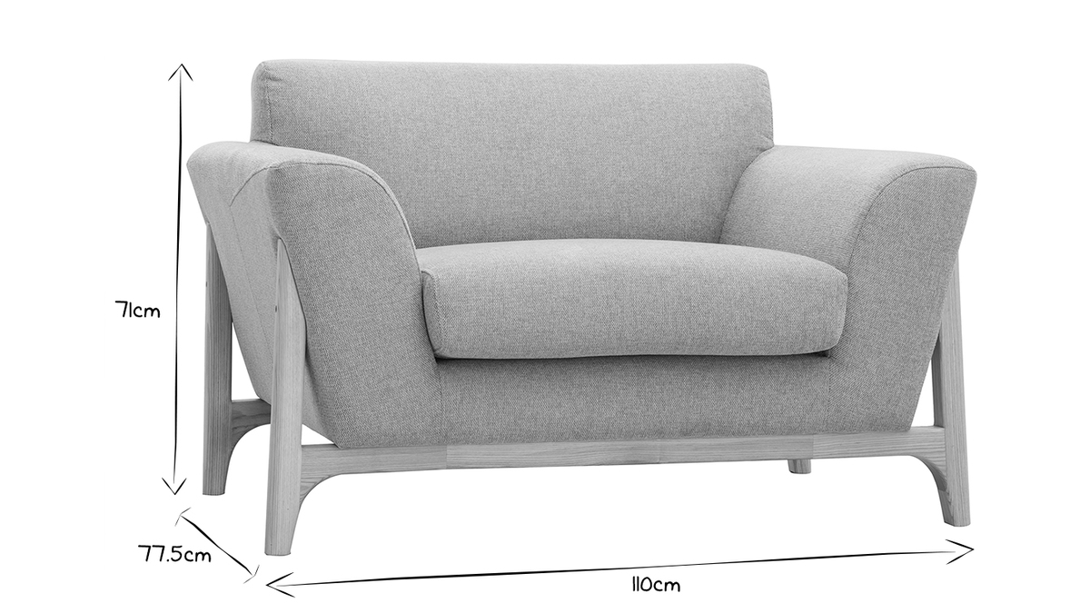 Skandinavische Sessel aus hellgrauem Stoff mit Samteffekt und Eschenholz ASAKO